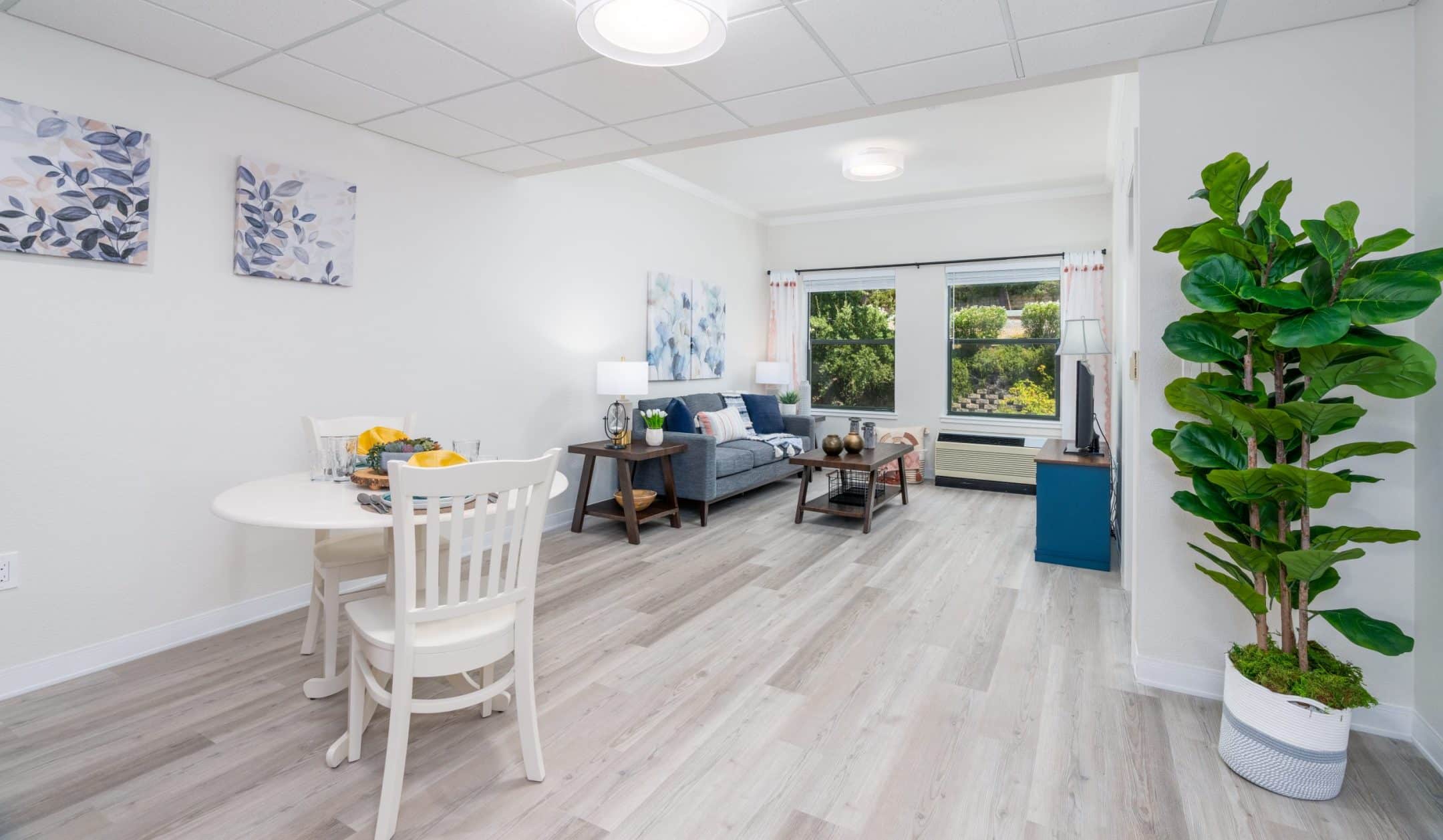 Bright, modern living and dining area with light wood floors, a cozy round dining table, sofa, side tables, wall art, a large green plant, and spacious windows. Schedule a Tour to experience the abundant natural light and inviting atmosphere.