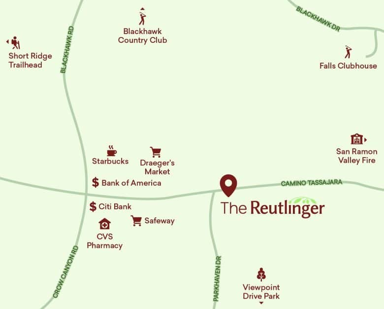 Homepage map highlighting The Reutlinger’s location near Camino Tassajara, with icons for Starbucks, Draeger’s Market, Safeway, Blackhawk Country Club, parks, pharmacies, and banks along marked roads.