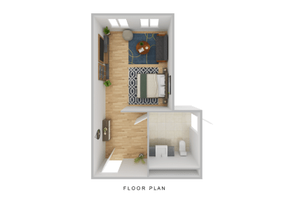 A 3D floor plan of a small room designed for independent living, featuring a bed, TV, sofa, rug, side table, and a separate bathroom with sink and toilet. Wood and tile flooring are visible, with windows on two walls.